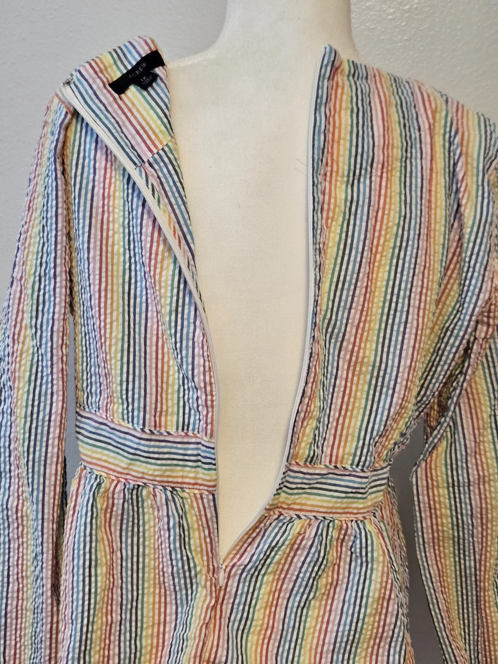 J. Crew V-neck peplum top in rainbow seersucker, size 12